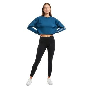 CHAMPION Women’s Cropped Sweatshirt Size S – Dark‎ Teal Crewneck Cuffed Logo